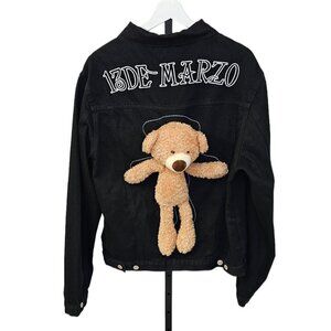 13DE MARZO Men's Denim Teddy Bear Jacket Black Embroidered Logo  Size Medium